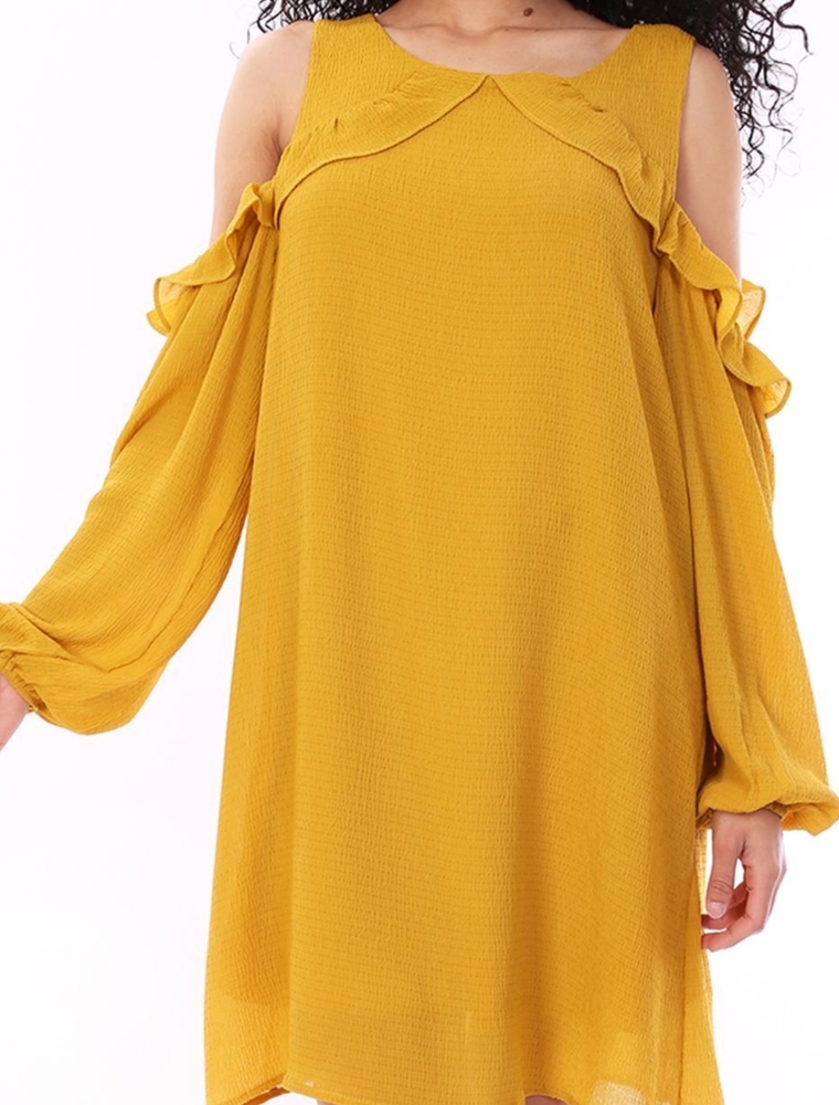 Entro Cold Shouler Mustard Longsleeve Dress